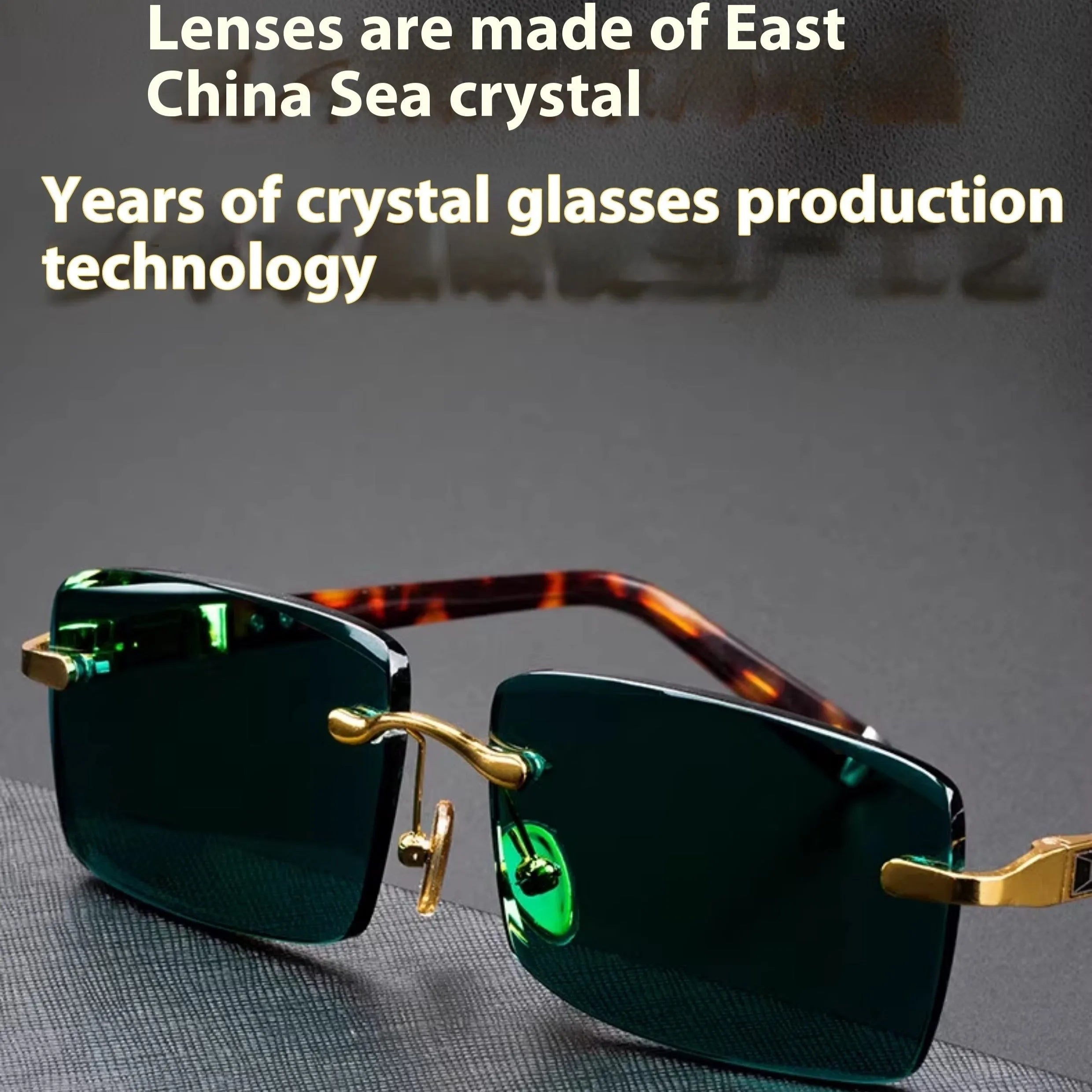 Dark green tinted frameless sunglasses with round lenses, shown with a glasses case and cleaning cloth.