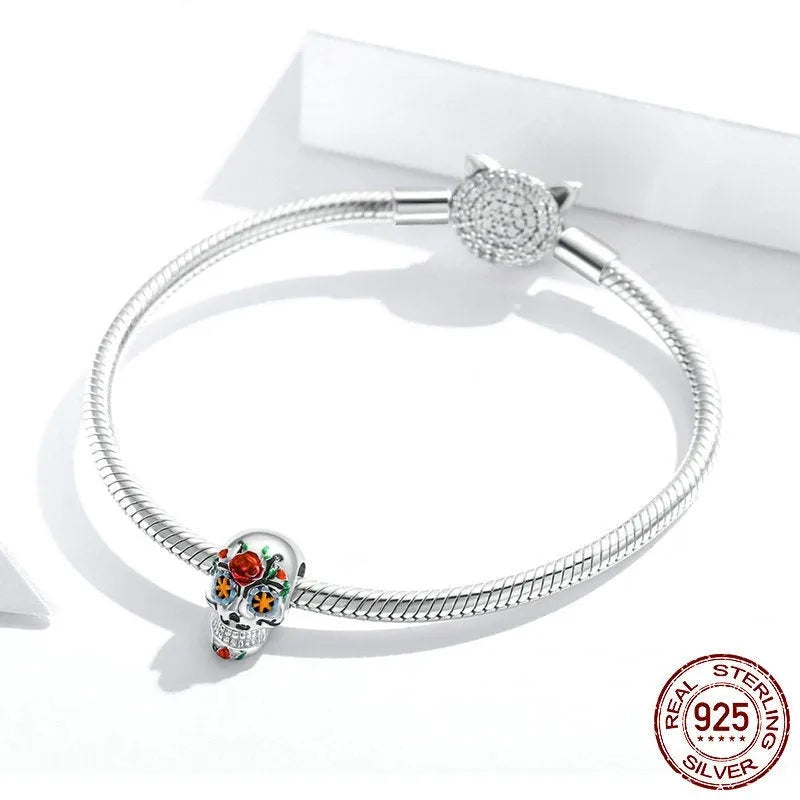 925 sterling silver Halloween skull bead with pumpkin skull motif, platinum plated, 1.8g, 1.3x0.8cm