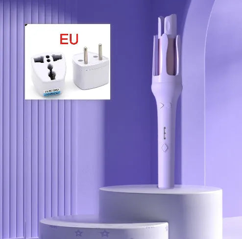 Automatic hair curler in white with purple accents, showing 32mm barrel and UK plug.