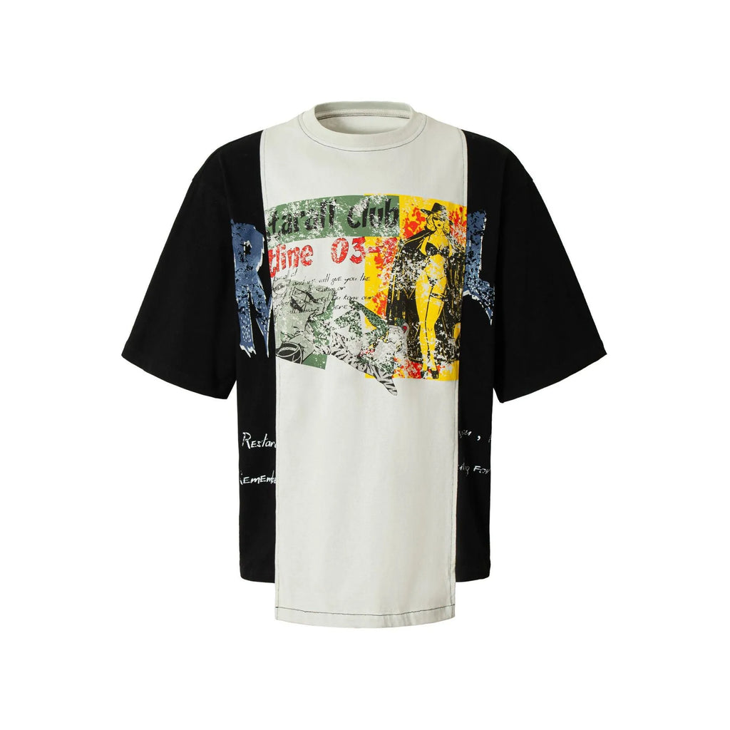 Black and white broken collage print on a loose-fit cotton blend T-shirt for streetwear.