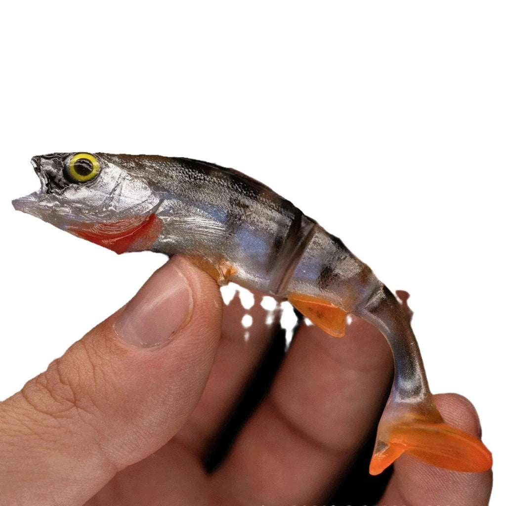 Soft plastic fishing lure with scissor-tail catfish design and fish pattern colour