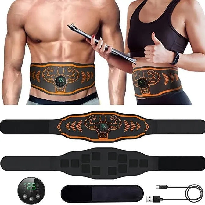 Blue and orange rechargeable EMS smart massage belt with arm electrodes on a white background.