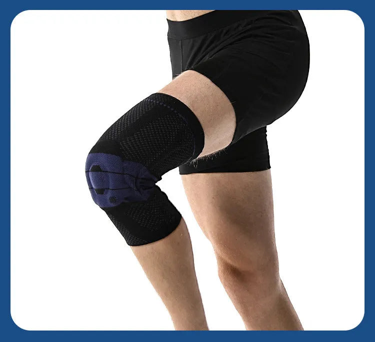 Adult sports knee pad in black and blue, made from nylon and spandex.