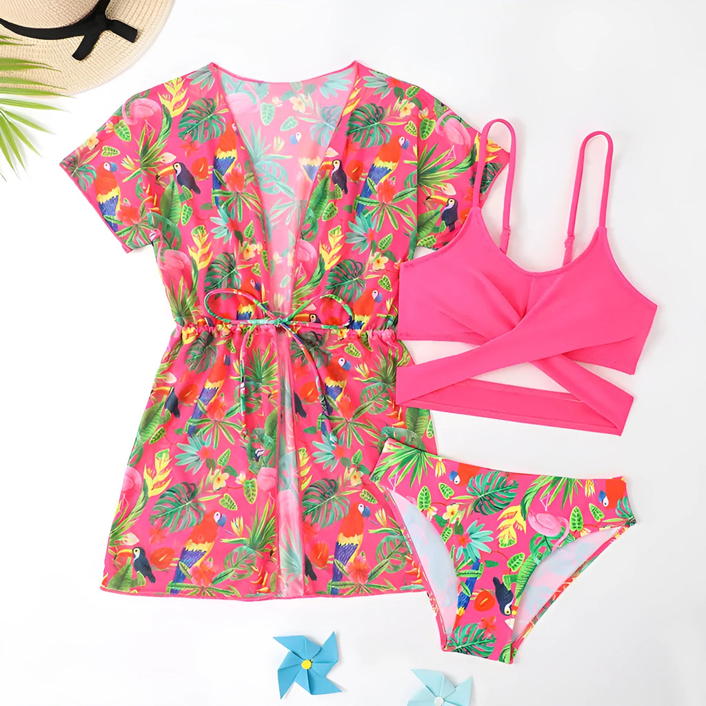 Girls' floral pattern split overlayer bikini swimsuit on white background