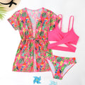 Girls' floral pattern split overlayer bikini swimsuit on white background