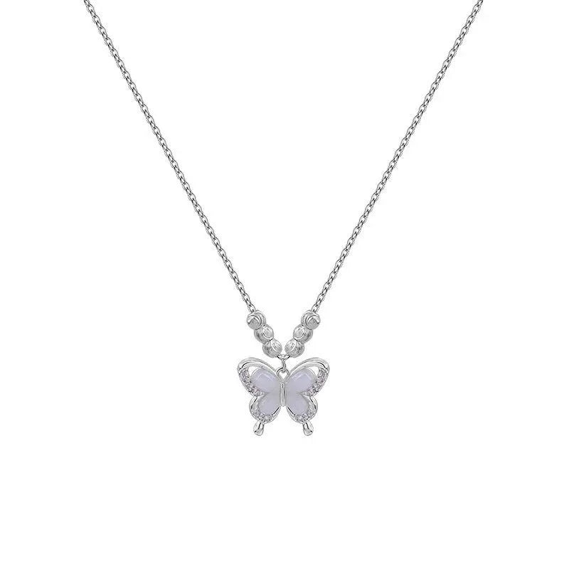 Women's square line opal butterfly necklace in 925 silver with a cross chain.