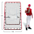 Red adjustable baseball training net with metal frame set up in a garden.