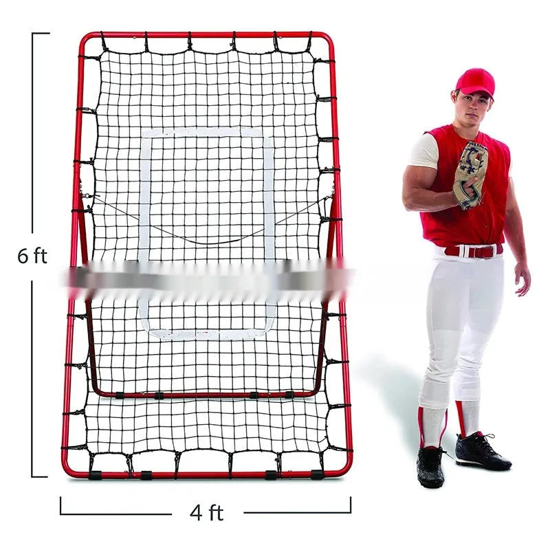 Red adjustable baseball training net with metal frame set up in a garden.