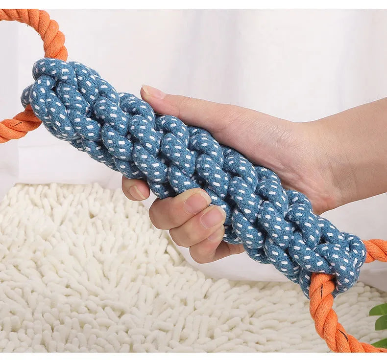 Blue double-ring dog chew toy with braided cotton bone rope measuring 37cm long