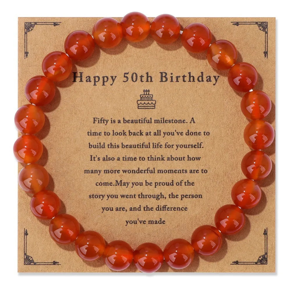 Men's natural stone bead elastic string bracelet in geometric circle style with birthday card