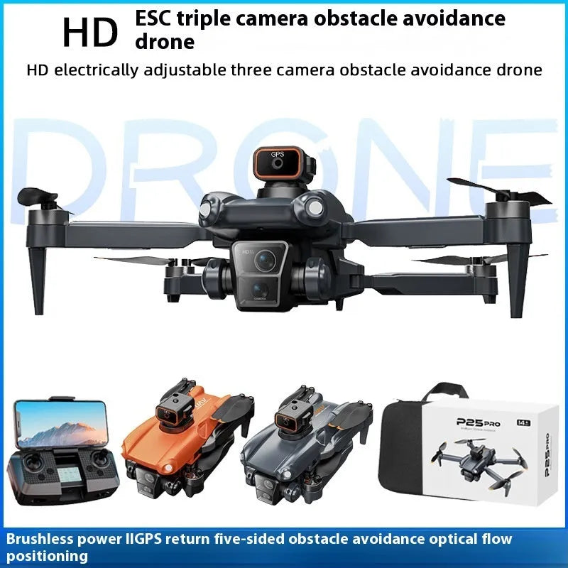 P25 brushless drone in dark blue with dual lenses, remote control, and storage bag on white background