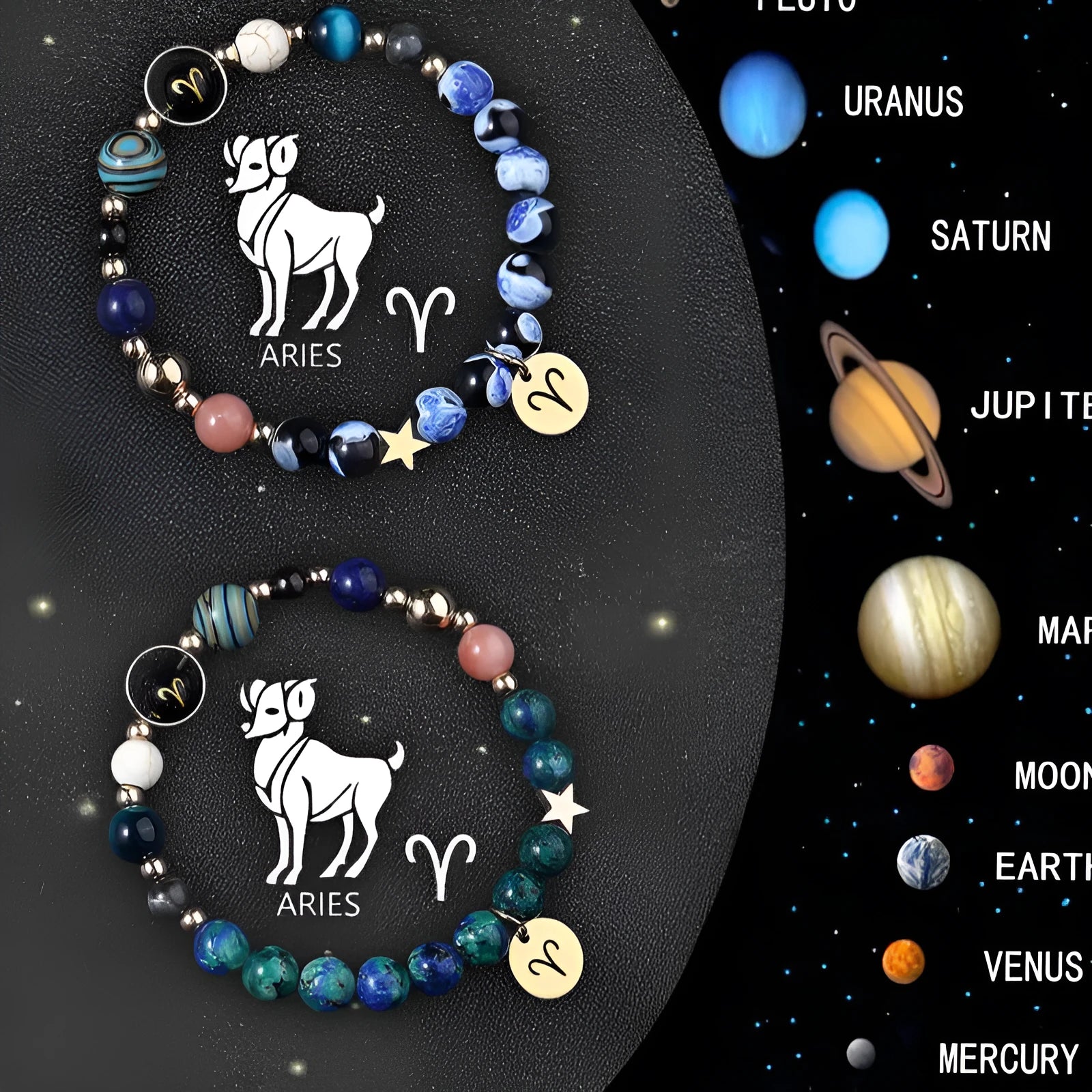 Two natural stone beaded bracelets showing zodiac signs on a table.