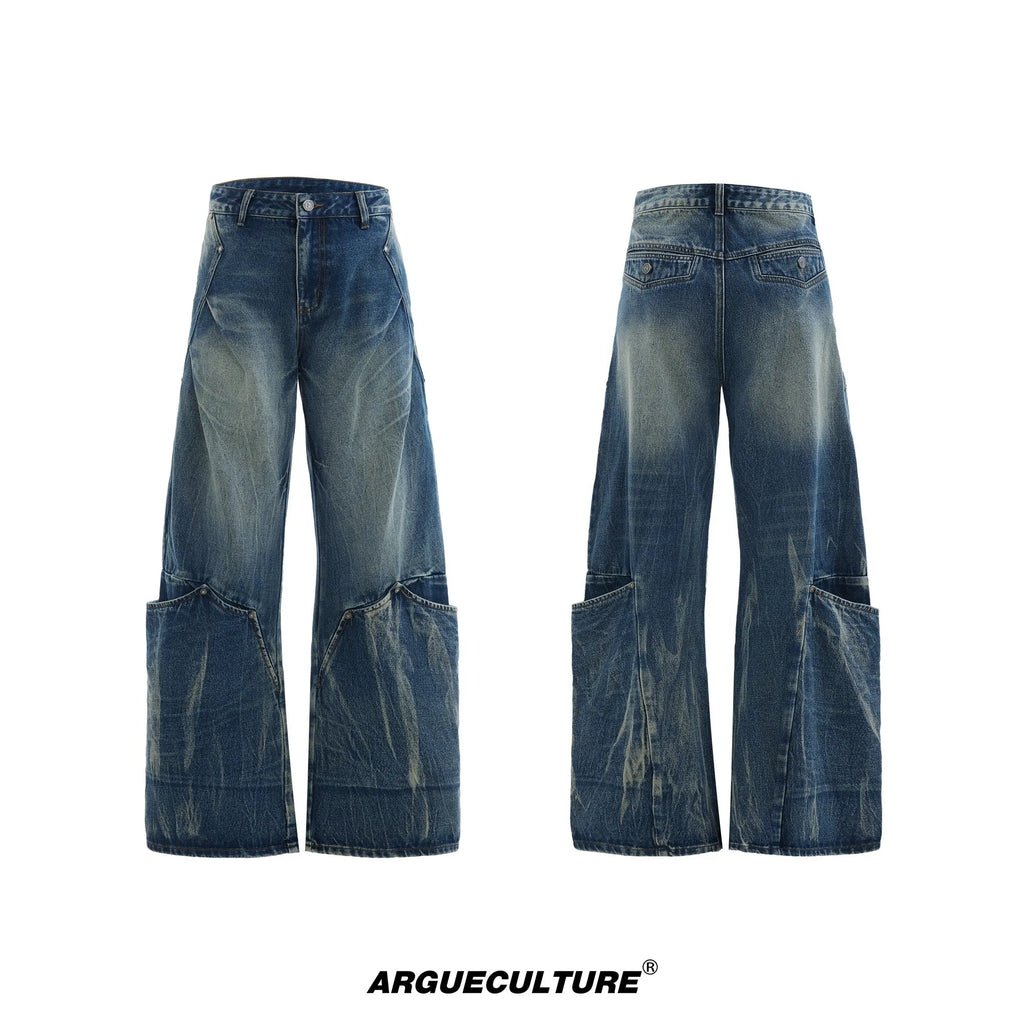 Men's retro washed burst pattern jeans with curved knife detailing in verdant blue colour