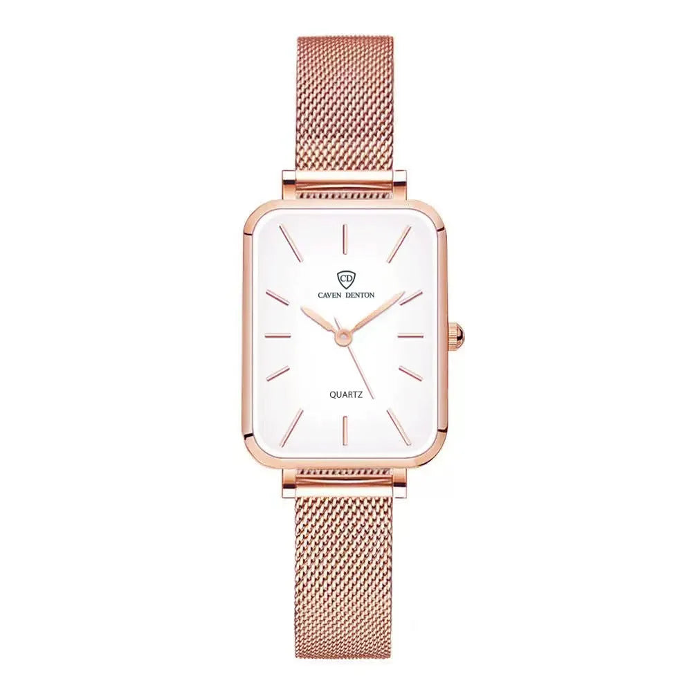 Rose gold or silver women's waterproof quartz watch with a woven steel bracelet.