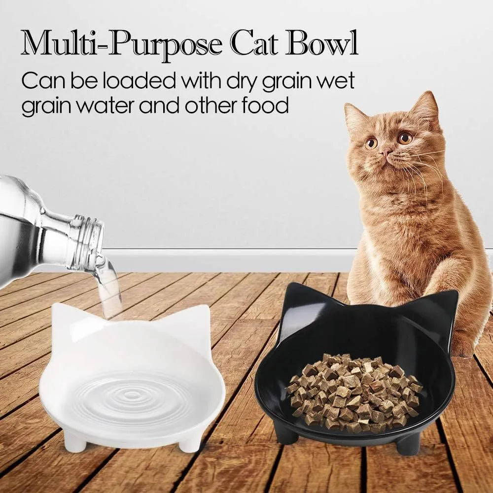 Shallow black cat food bowl with non-slip rubber base for whisker fatigue relief