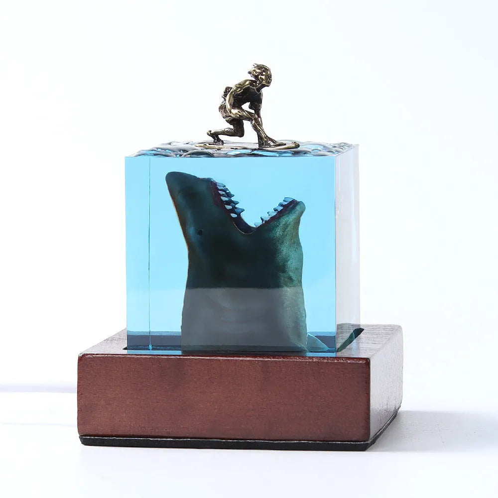 Ocean Shark Surfer resin night light ornament in epoxy resin with modern shark design