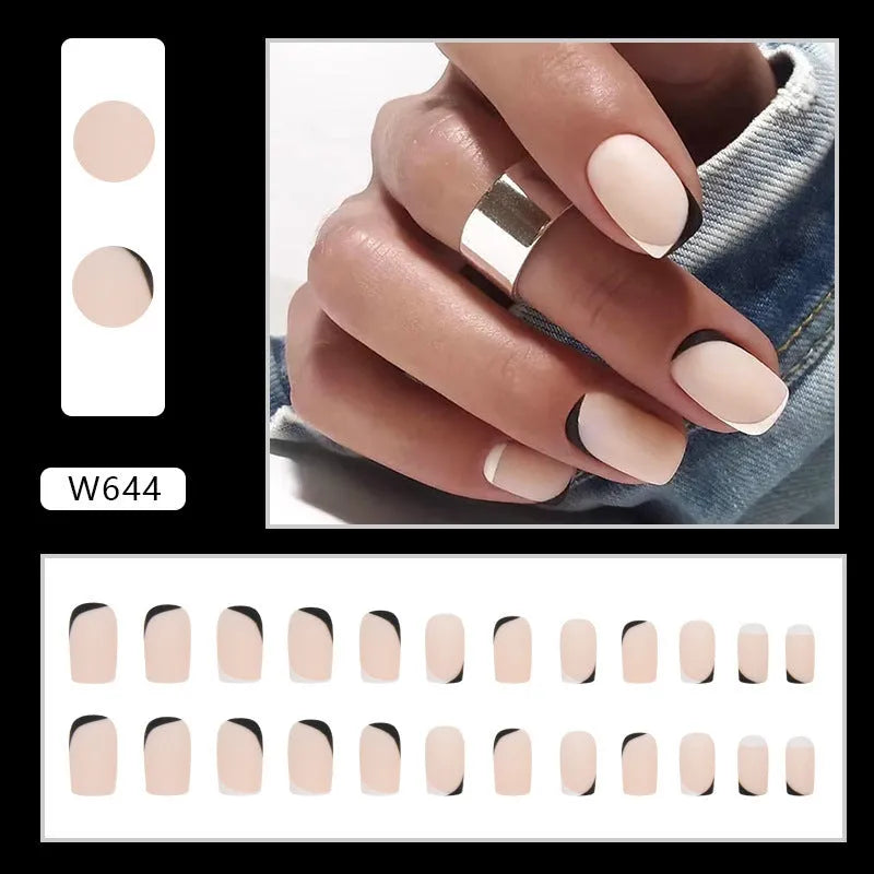 Black and white frosted artificial nails set with mandarin duck colour design