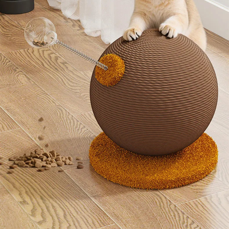 Hemp rope cat scratching board with self-grooming tumbler and cat grasping ball.