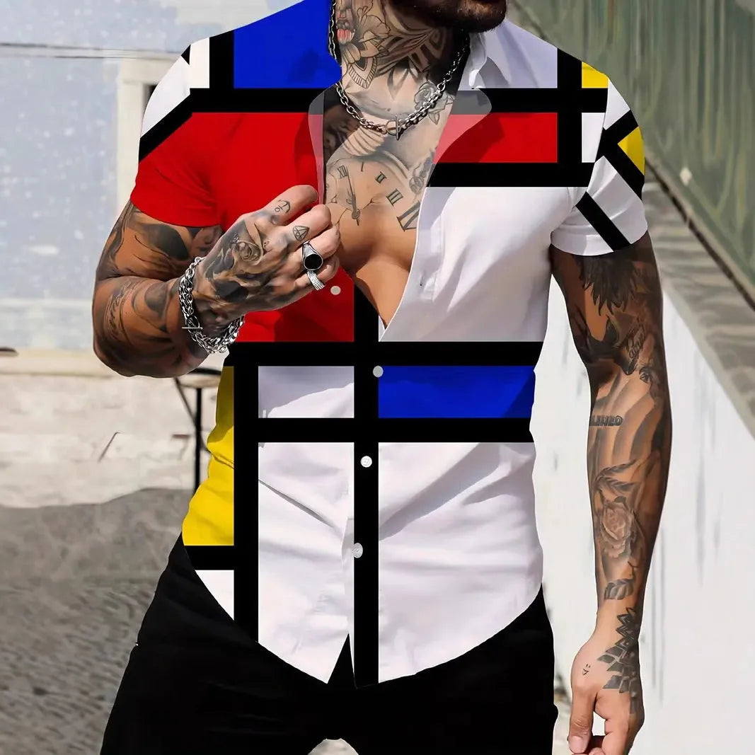 Men's geometric line print short sleeve shirt with lapel neckline in slim fit