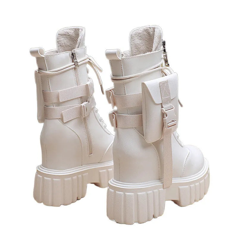 Women's platform mid-calf martin boots in beige with round toe and side zipper