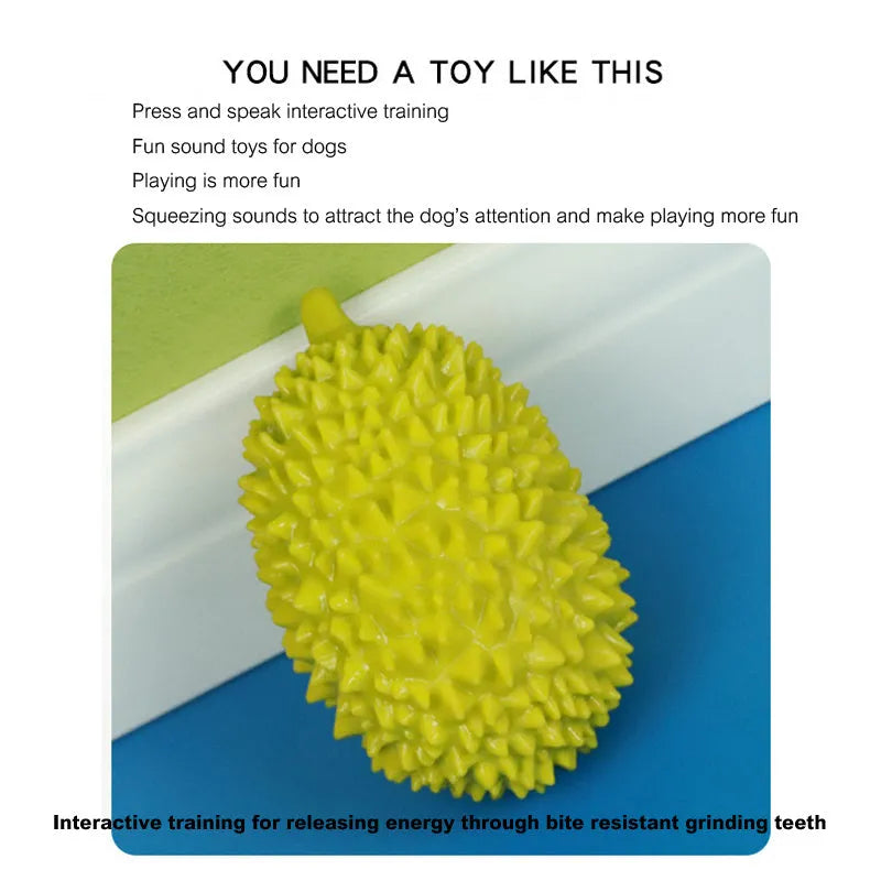 Beige, green, and yellow durian-shaped dog chew toy with textured surface for teeth cleaning