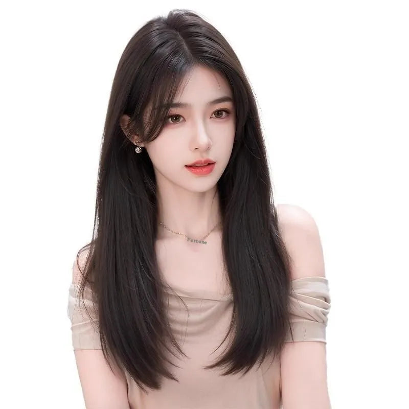Brown black full-head synthetic wig with Chinese character bangs style for women.