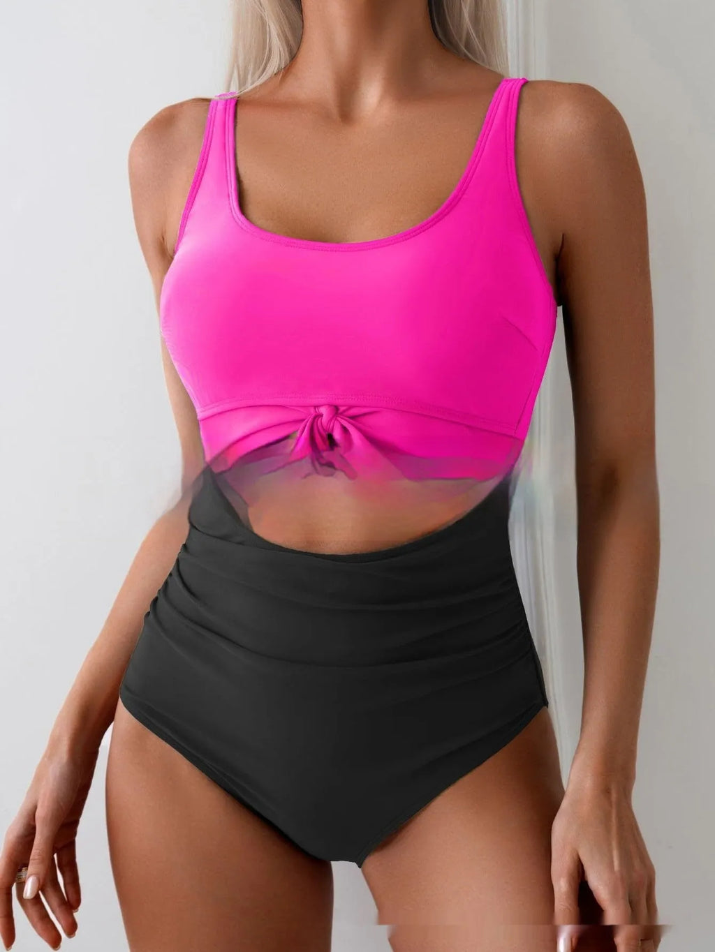 One-piece female swimsuit with contrast colour straps and covered belly in Rose-Red + Black colour option