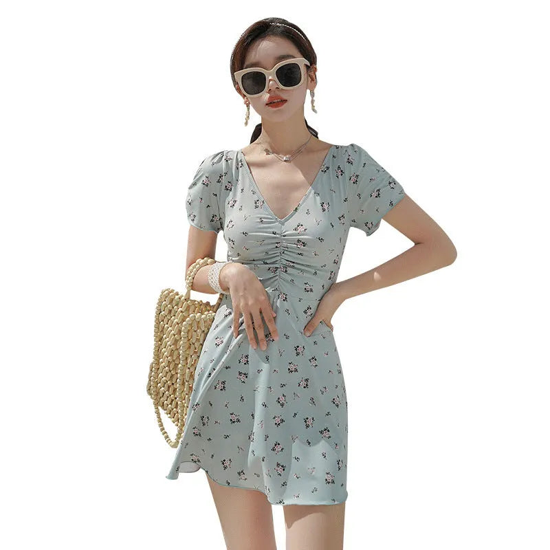 Green gathered fairy-style one-piece swimsuit with backless design and high elasticity for sports and swimming
