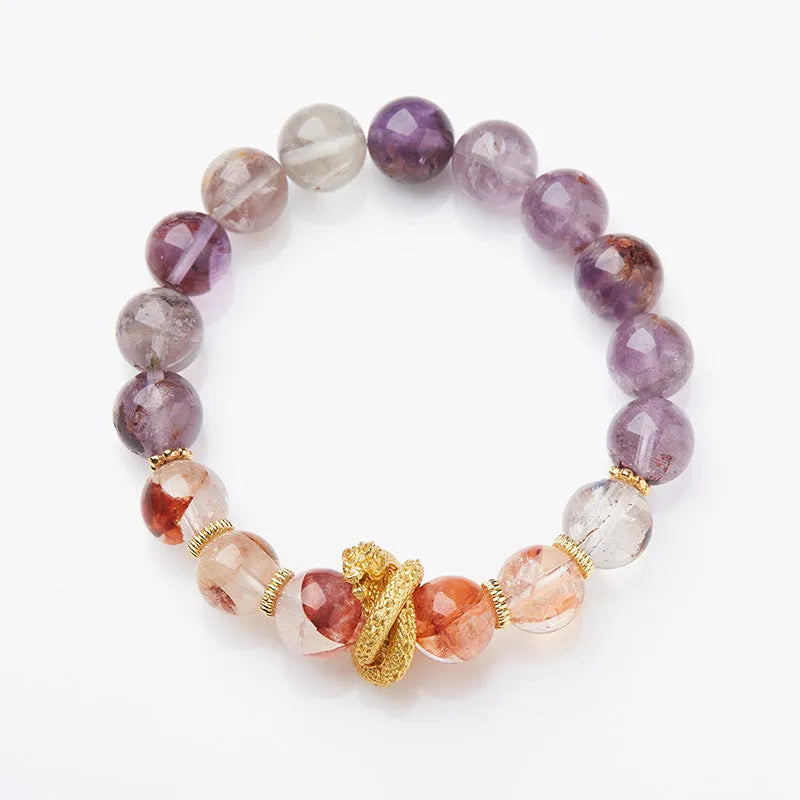 Handmade purple ghost quartz bracelet with 10mm beads featuring traditional nine purple motif and Chinese prosperity designs