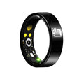 Black ceramic smart ring for health monitoring on a finger.
