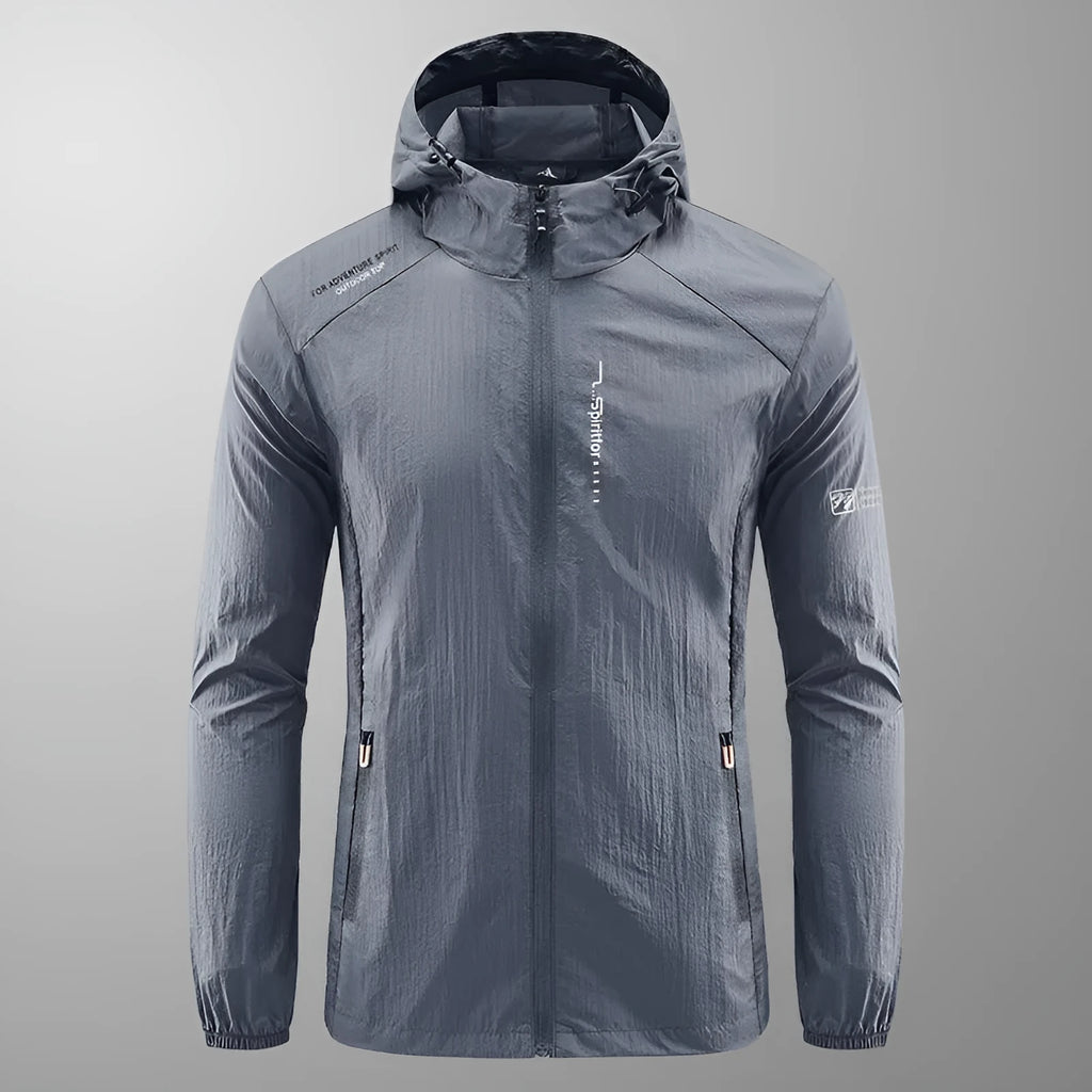 Men's thin nylon summer hooded jacket in light grey colour showing loose fit design