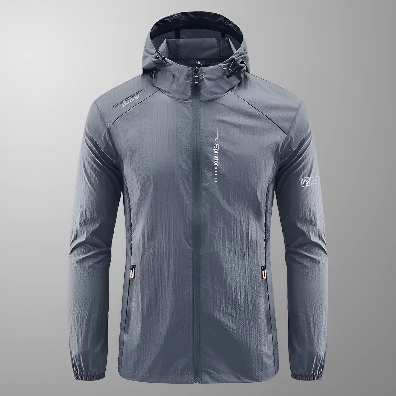 Men's thin nylon summer hooded jacket in light grey colour showing loose fit design