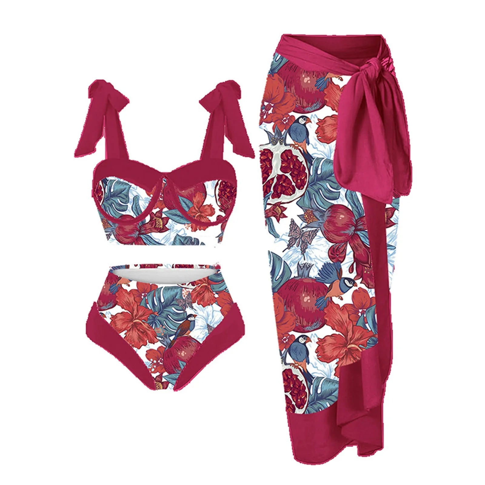 Women's printing split swimsuit three-piece set in a floral pattern, showing skirt, bra, and panties.