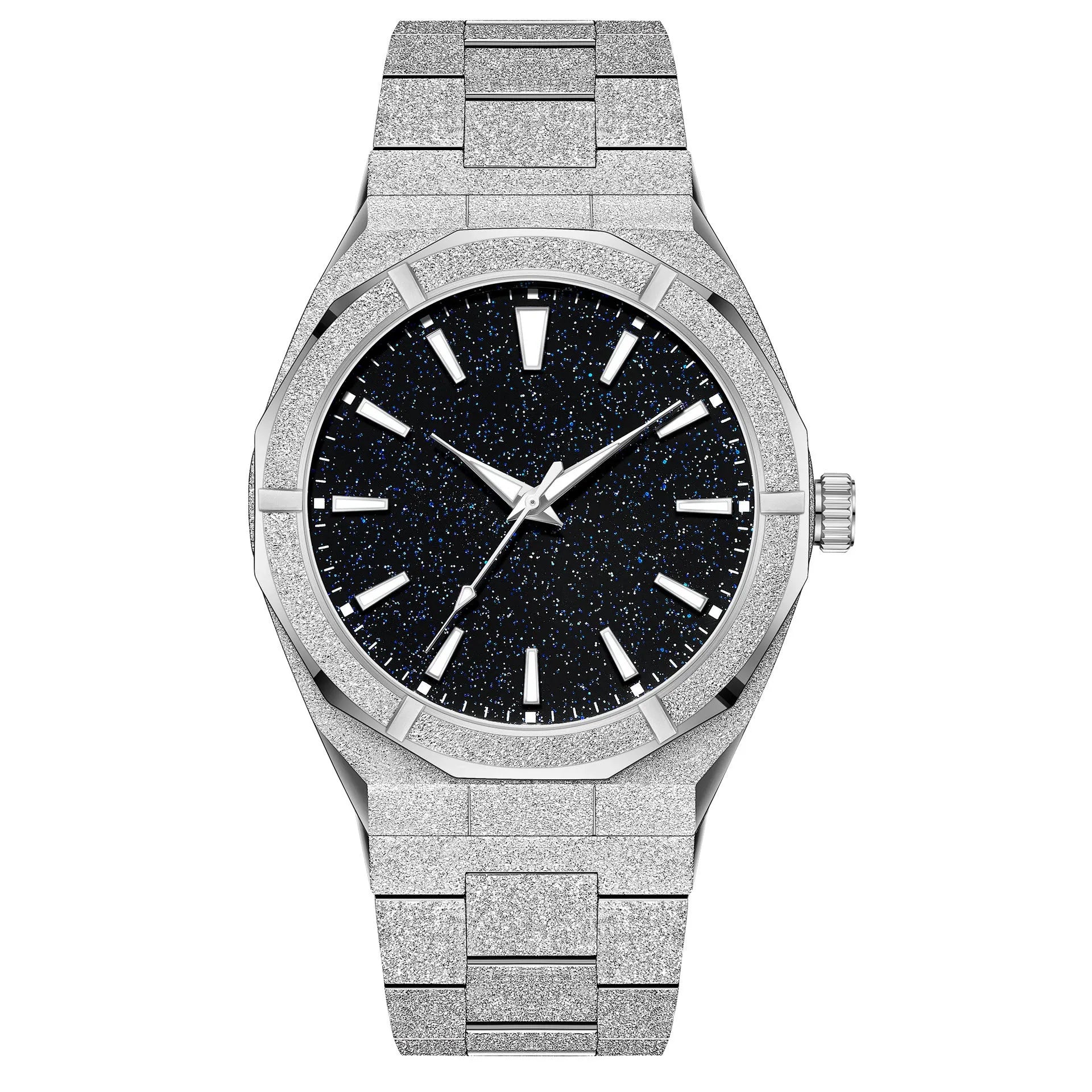 Business men's watch with frosted stainless steel case and luminous hands in silver, gold, and black colour options