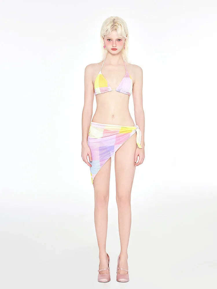 Rainbow Pink triangle bikini top and bottom set on a mannequin