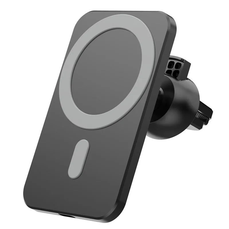Black X-16 magnetic car wireless charger holder clipped onto car vent with phone attached