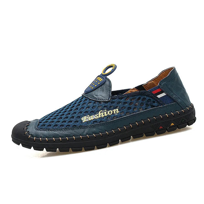 Men's brown breathable mesh casual shoes with round toe and non-slip rubber sole.