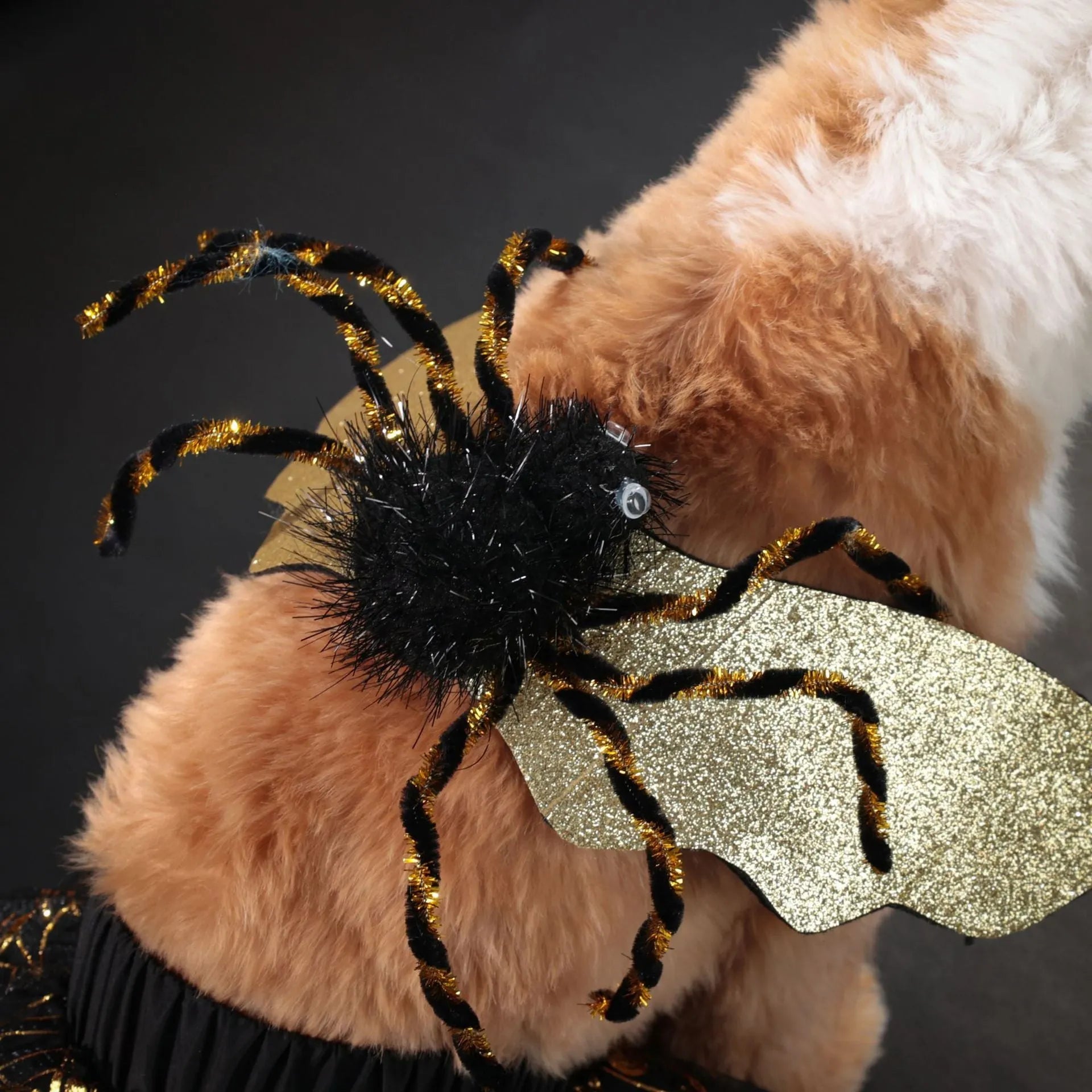 A dog wearing a polyester Halloween costume suit in a suit style.