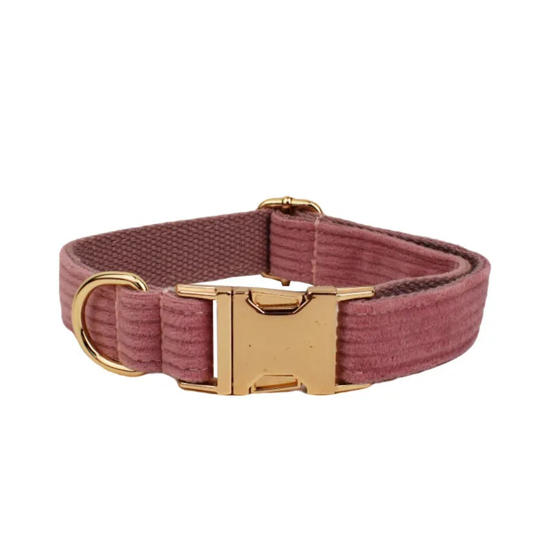 Corduroy dog collar and leash set with matching red bow, vest, and poop bag holder for small to large dogs.