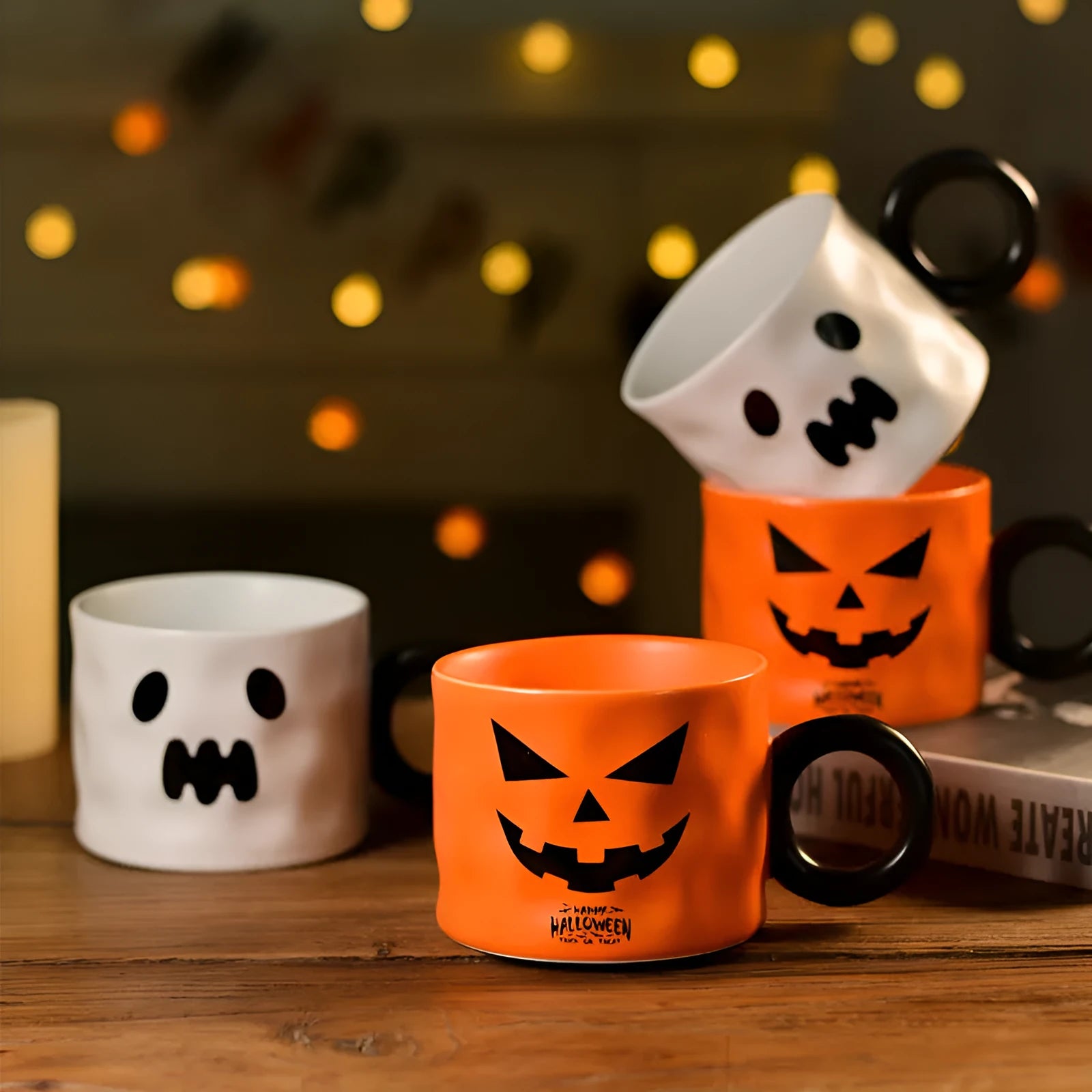 15cm orange ceramic pumpkin mug with handle, dessert spoon, and gift box packaging
