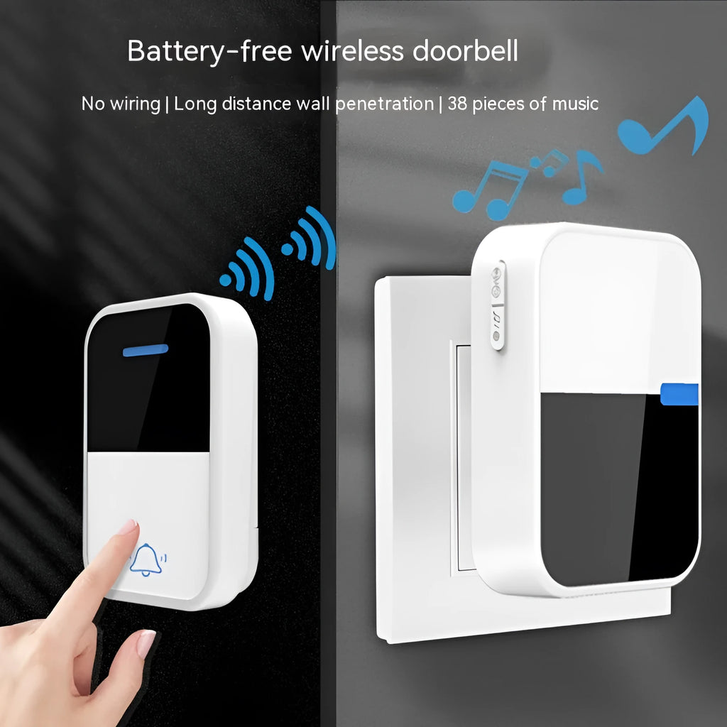 Modern white wireless doorbell receiver and self-generating transmitter on a table.