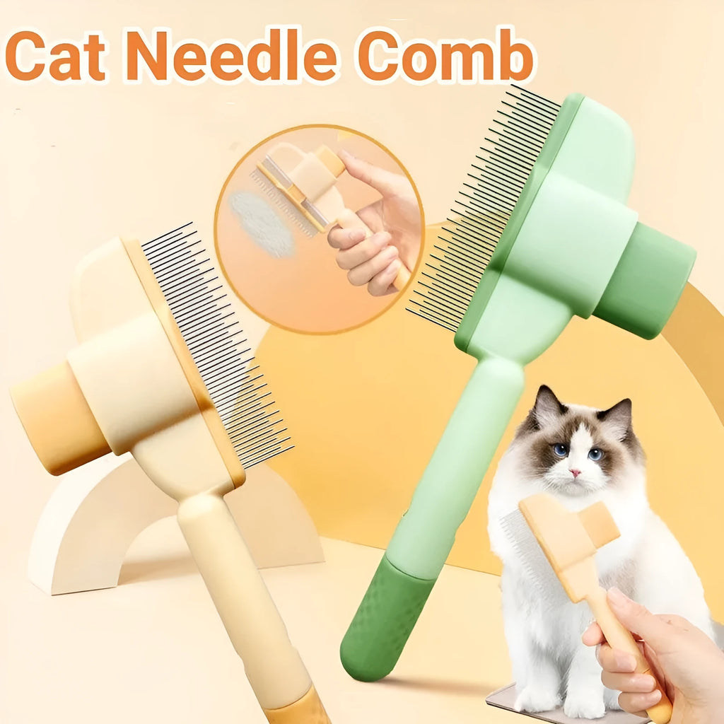 Yellow and green self-cleaning pet comb for dogs and cats with a release button and stainless steel teeth.