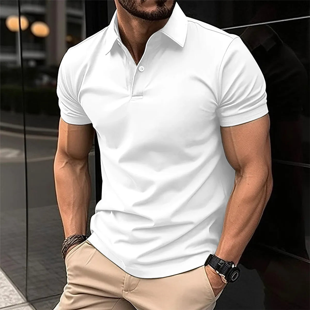 Men's solid colour short sleeve polo shirt with button lapel closure in cotton-blend fabric