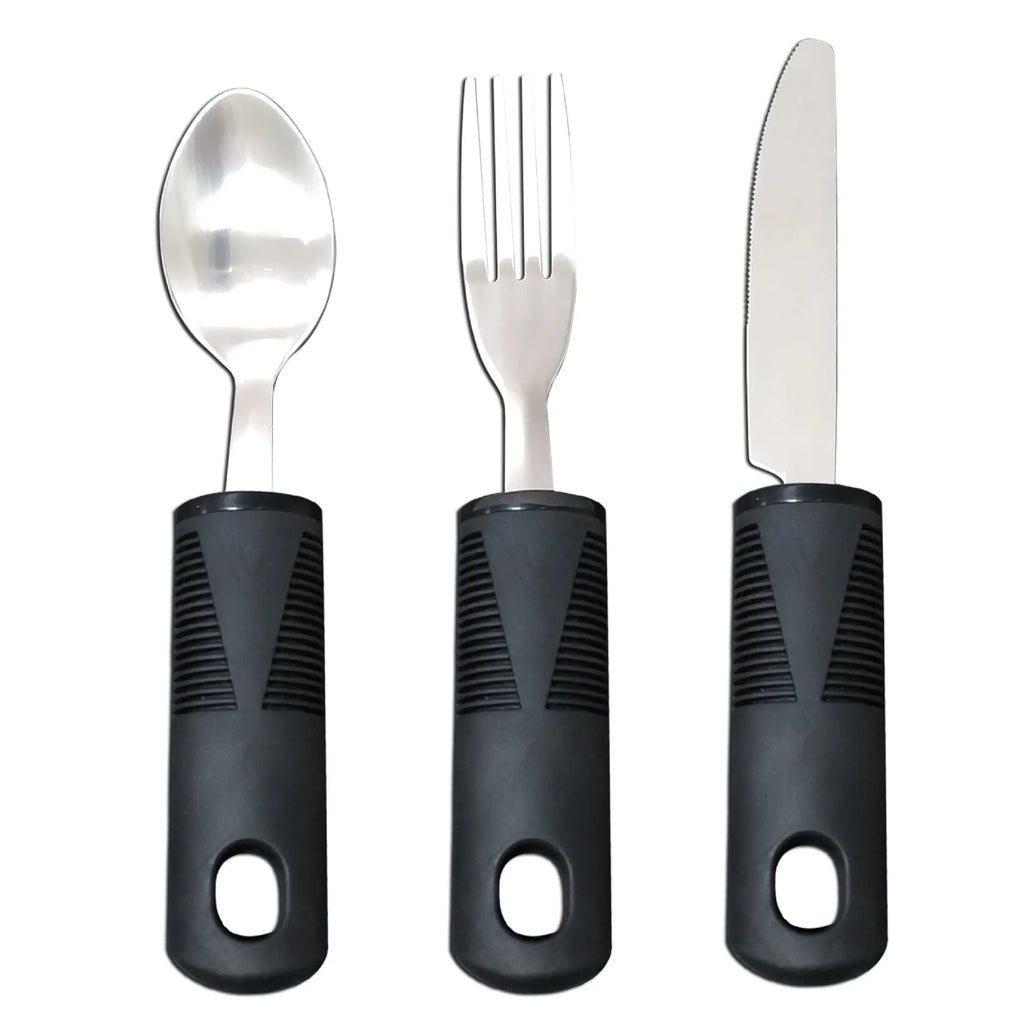 Stainless steel adaptive spoon and fork with black rubber handles for assisted eating.