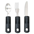 Stainless steel adaptive spoon and fork with black rubber handles for assisted eating.