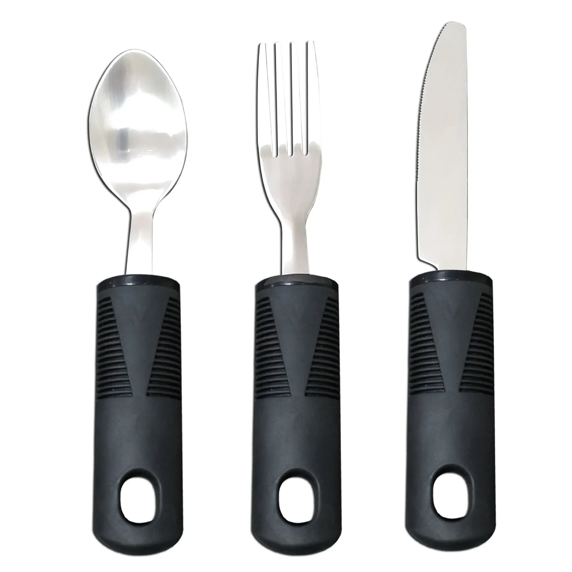 Stainless steel adaptive spoon and fork with black rubber handles for assisted eating.