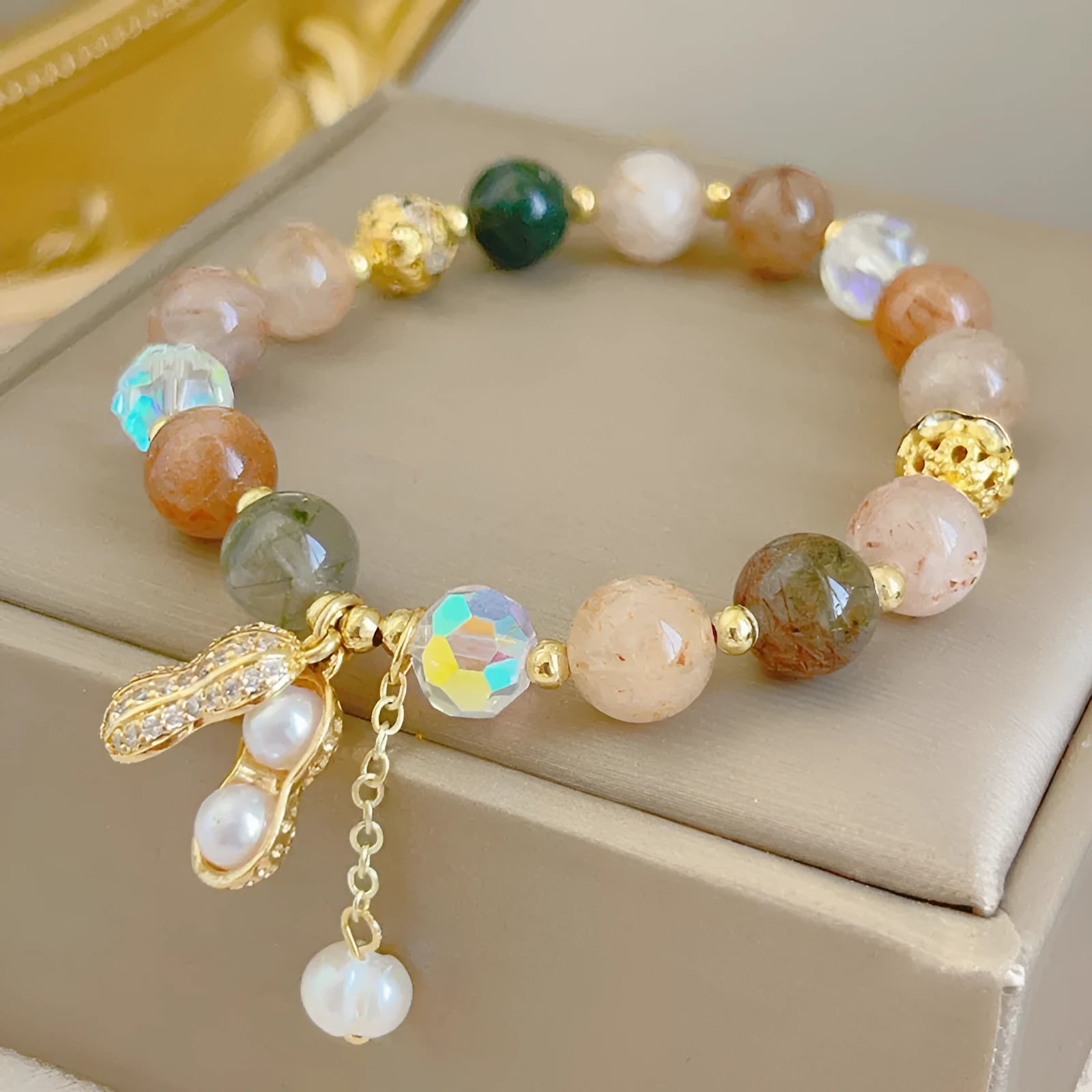 Citrine Female Peanut Sunstone Beaded Bracelet in gold colour, simple crystal bead design for women