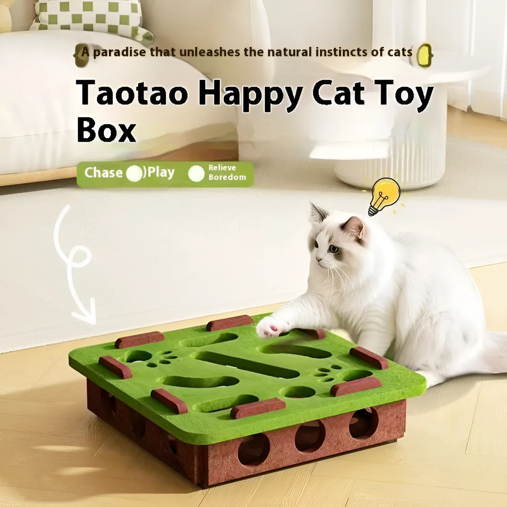 Green brown felt cat toy box with a felt mouse and a white feather ball inside.