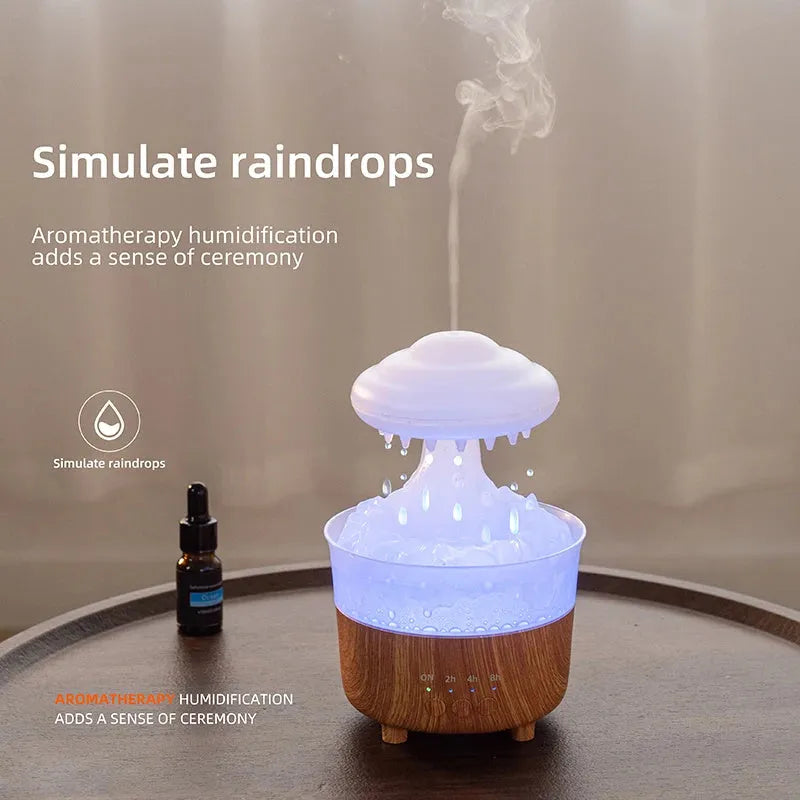 Rain cloud shaped humidifier with wood grain finish and LED night lights in column design