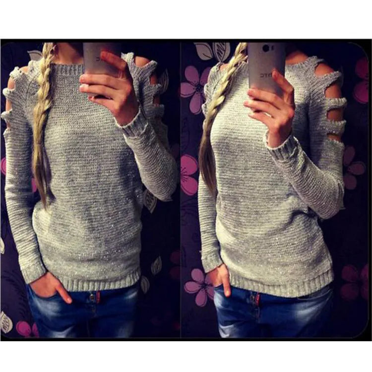 Women's knitted pullover shirt with crocheted hollow-out long sleeves in grey colour